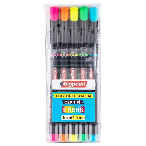 Bigpoint Fosforlu Kalem Seti, 5’li, Cep Tipi, Dayanıklı, 5 Farklı Renk