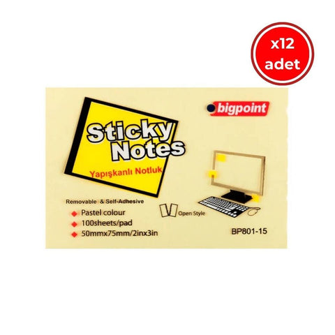 Bigpoint Postit, 12 Adet, 100 Yapraklı, 75 x 50 mm, Sarı