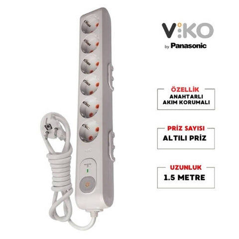 Viko Altılı Akım Korumalı Priz, 282J, Anahtarlı, Ç.K Çoklu Priz, 1.5m