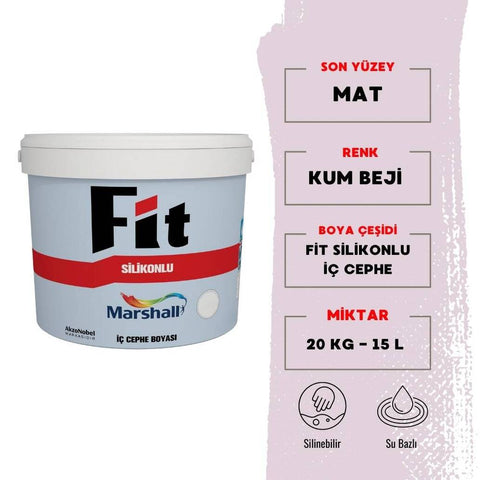 Marshall Fit Silikonlu, Su Bazlı İç Cephe Boyası, Kum Beji, 15L, 20kg