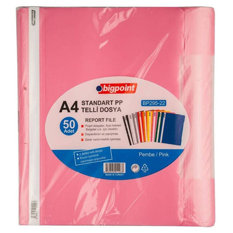 Bigpoint Telli Dosya, 50'li Paket, Kalın Kapaklı, A4, Metal Tel, Pembe