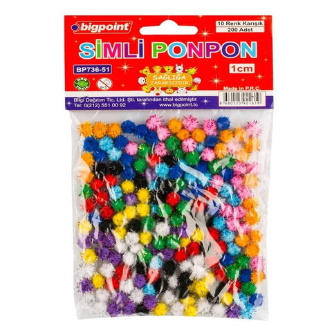Bigpoint Simli Ponpon, 1 cm, 10 Renkli, 200’lü , El İşi İçin Uygun