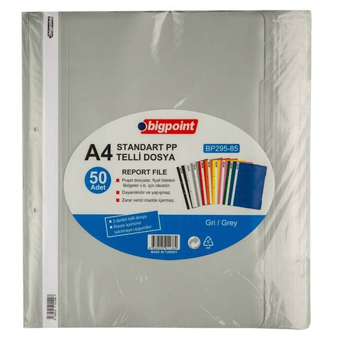 Bigpoint Telli Dosya, 50'li Paket, Kalın Kapaklı, A4, Metal Tel, Gri