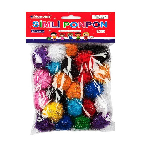 Bigpoint Simli Ponpon, 5 cm, 10 Renkli, 25’li Poşet, El İşi için Uygun