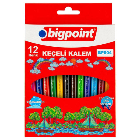 Bigpoint Keçeli Kalem Seti, 12 Renk, Kolay Temizlenir, Karton Kılıflı