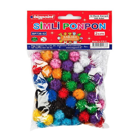 Bigpoint Simli Ponpon, 2 cm, 10 Renk, 100’lü Poşet, El İşi İçin Uygun