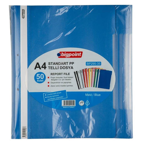 Bigpoint Telli Dosya, 50'li Paket, Kalın Kapaklı, A4, Metal Tel, Mavi