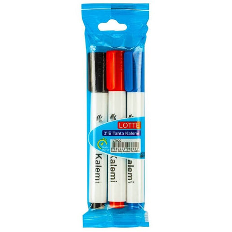 Lotte Board Marker, Su Bazlı İz Bırakmaz Mürekkep, 3 Farklı Renkli Set