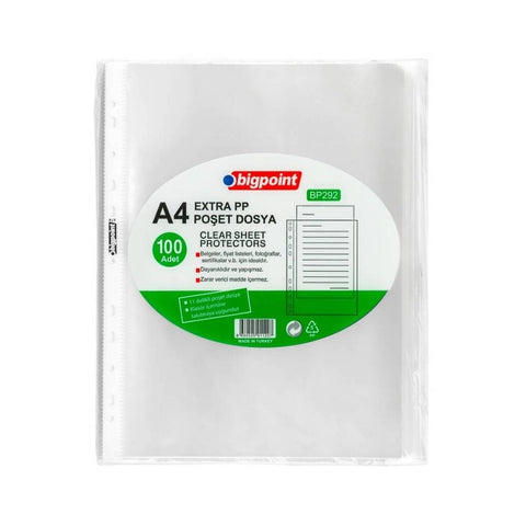 Bigpoint Poşet Dosya, 60 A4 Kapasiteli, Extra Şeffaf, 100’lü Paket