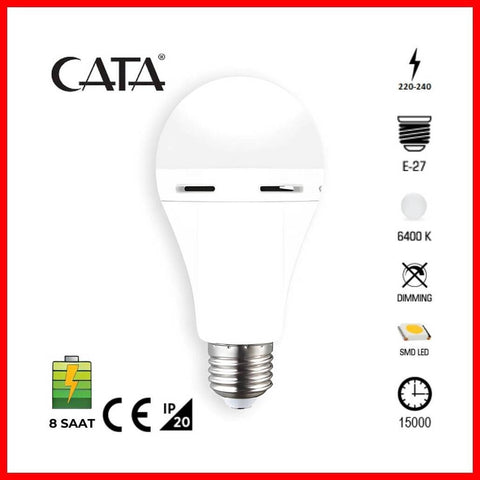 Cata Şarjlı LED Ampul, E27, 9W, 6400K, 8 Saat Dayanıklı, Enerji Verimi