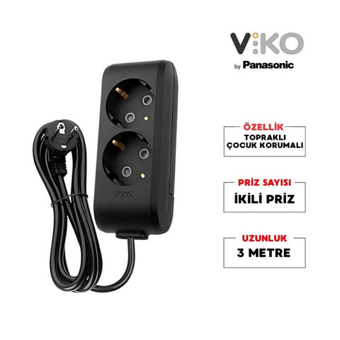 Viko İkili Çoklu Priz, Topraklı, Uzatma Kablosu, 2li, 3m, Siyah
