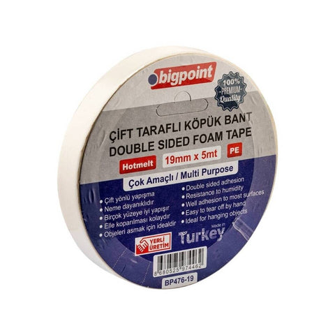 Bigpoint Çift Taraflı Köpük Hotmelt Bant, 19mm x 5m, Montaj İçin İdeal