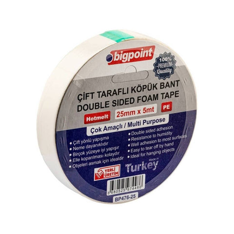 Bigpoint Çift Taraflı Köpük Hotmelt Bant, 25mm x 5m, Montaj İçin İdeal