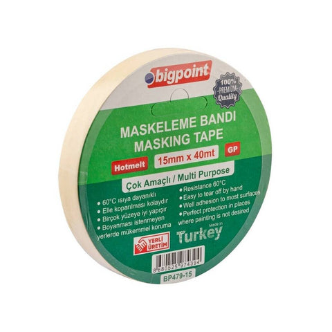 Bigpoint Maskeleme Bandı, 15 mm x 40 m, Hotmelt Tutkallı, Özel Yapışma