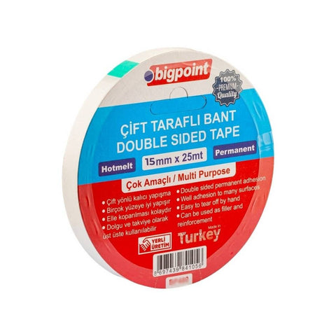 Bigpoint Çift Taraflı Hotmelt Bant, 15 mm x 25 m, Tüm Yüzeyler İçin