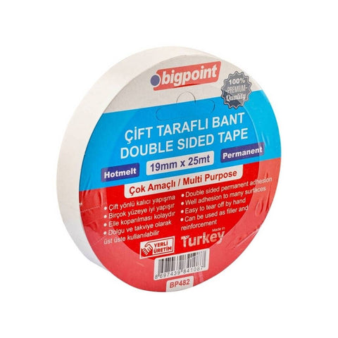 Bigpoint Çift Taraflı Hotmelt Bant, 19 mm x 25 m, Tüm Yüzeyler İçin