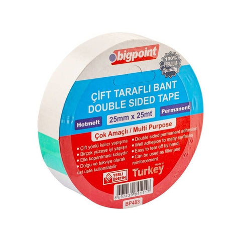 Bigpoint Çift Taraflı Hotmelt Bant, 25 mm x 25 m, Tüm Yüzeyler İçin