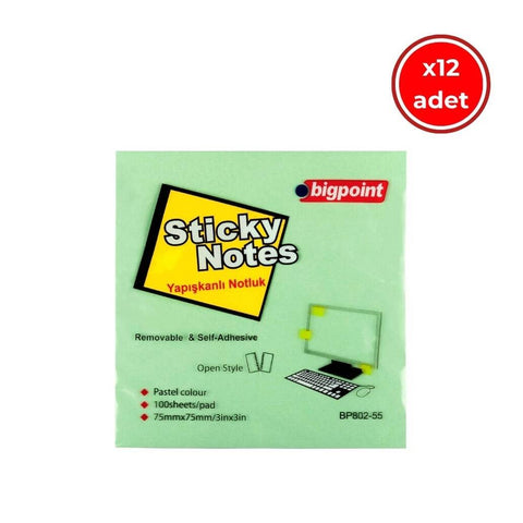 Bigpoint Postit, 12 Adet, 100 Yapraklı, 75 x 75 mm, Yeşil