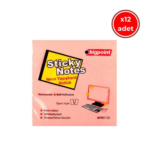 Bigpoint Postit, 12 Adet, 100 Yapraklı, 75 x 75 mm, Neon Pembe