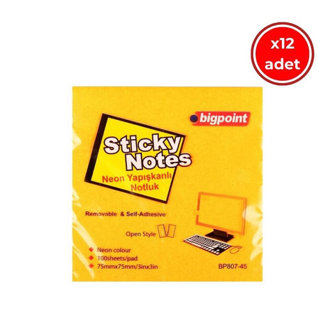 Bigpoint Postit, 12 Adet, 100 Yapraklı, 75 x 75 mm, Neon Turuncu