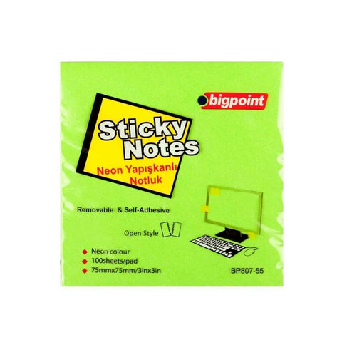 Bigpoint Postit, 75x75mm, 100 Yaprak, Neon Yeşil, İz Bırakmaz