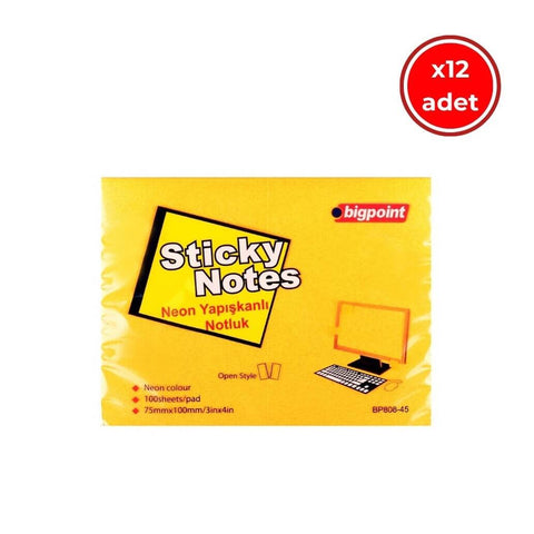 Bigpoint Postit, 12 Adet, 100 Yapraklı, 75 x 100 mm, Neon Turuncu