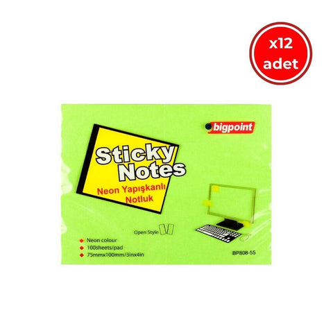 Bigpoint Postit, 12 Adet, 100 Yapraklı, 75 x 100 mm, Neon Yeşil