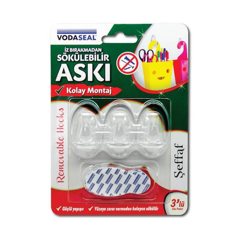 Vodaseal Şeffaf 3'lü İz Bırakmayan Askı, Kolay Sökme, Dayanıklı