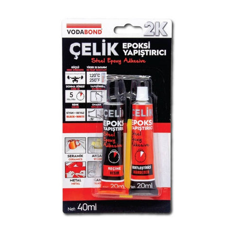 Vodabond 2K Çelik Epoksi Yapıştırıcı 20ml + 20ml Gri, Hızlı Kuruyan
