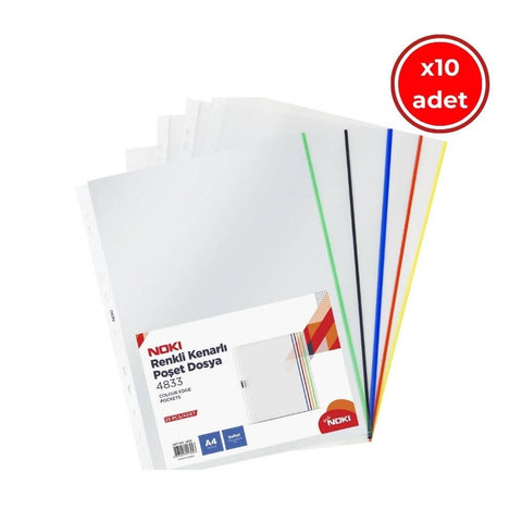 Noki A4 Poşet Dosya, 10 Adet, 5 x 5 Renkli Kenarlı, 25'li Paket