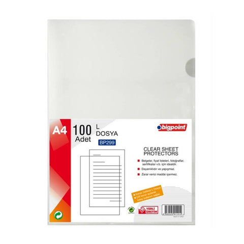 Bigpoint L Dosya, Standart, 90 Mikron, 100'lü, A4, Kolay Arşivleme