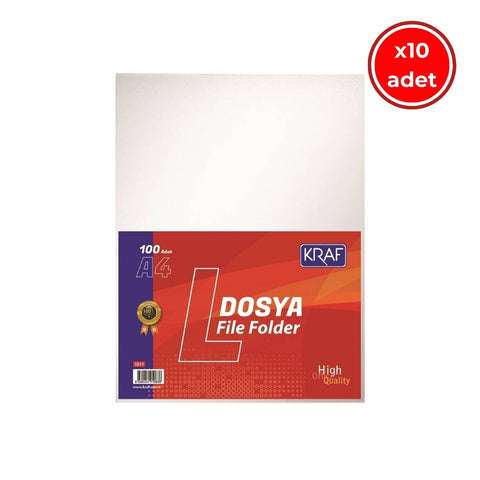 Kraf L Poşet Dosya, 10 Adet, 100'lü Paket, A4 Boyut, Şeffaf
