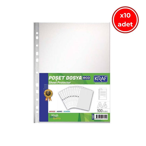 Kraf Eco Poşet Dosya, 10 Adet, 100'lü Paket, A4 Boyut, Şeffaf