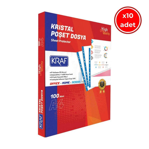 Kraf Kristal Poşet Dosya, 10 Adet, 100'lü Paket, A4 Boyut, Şeffaf