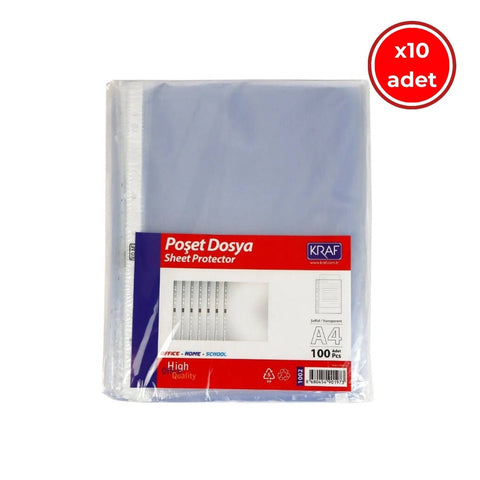 Kraf XL Poşet Dosya, 10 Adet, 100'lü Paket, A4 Boyut, Şeffaf