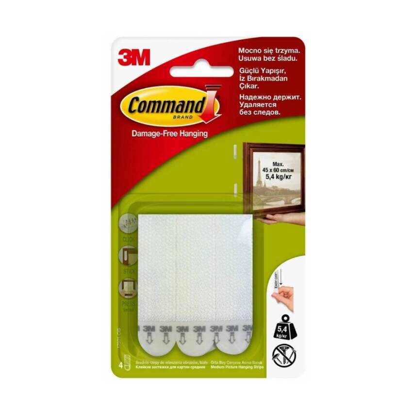 3M Command Cırt Cırt Bant, Orta Boy, 4'lü, İz Bırakmaz, Güçlü Tutuş - 1