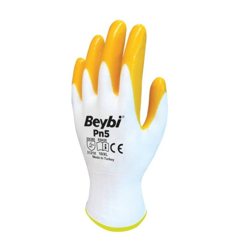 Beybi Pn5 Eldiven, Polyester Örme Nitril Eldiven, 10XL, Beyaz - Sarı - 1