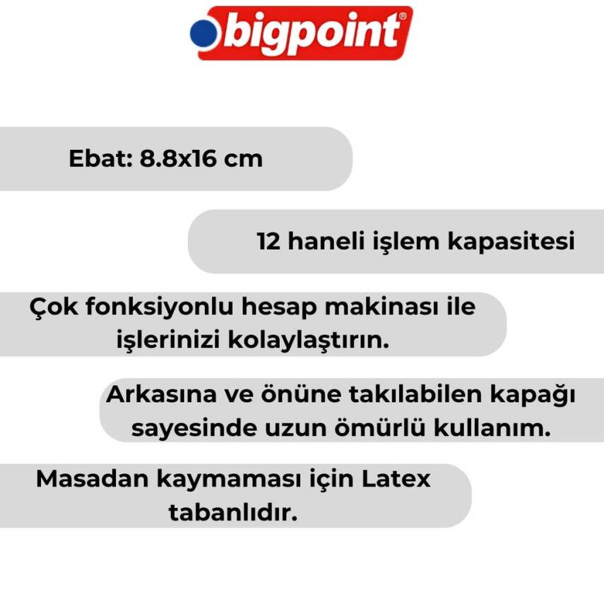 Bigpoint 12 Haneli Bilimsel Hesap Makinesi, Çok Fonksiyonlu, Kapaklı - 2