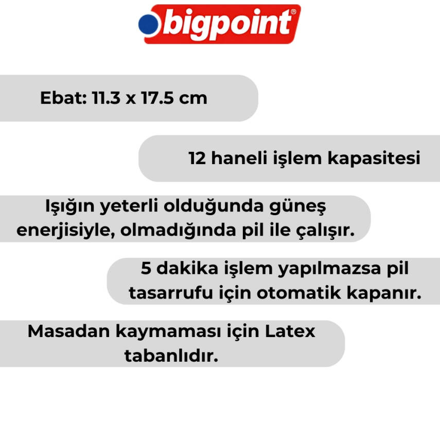 Bigpoint 12 Haneli Hesap Makinesi, Ekstra Fonksiyonlu, Güneş Enerjili - 2