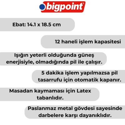 Bigpoint 12 Haneli Metal Gövdeli Hesap Makinesi, RPT ve Güneş Enerjili - 2