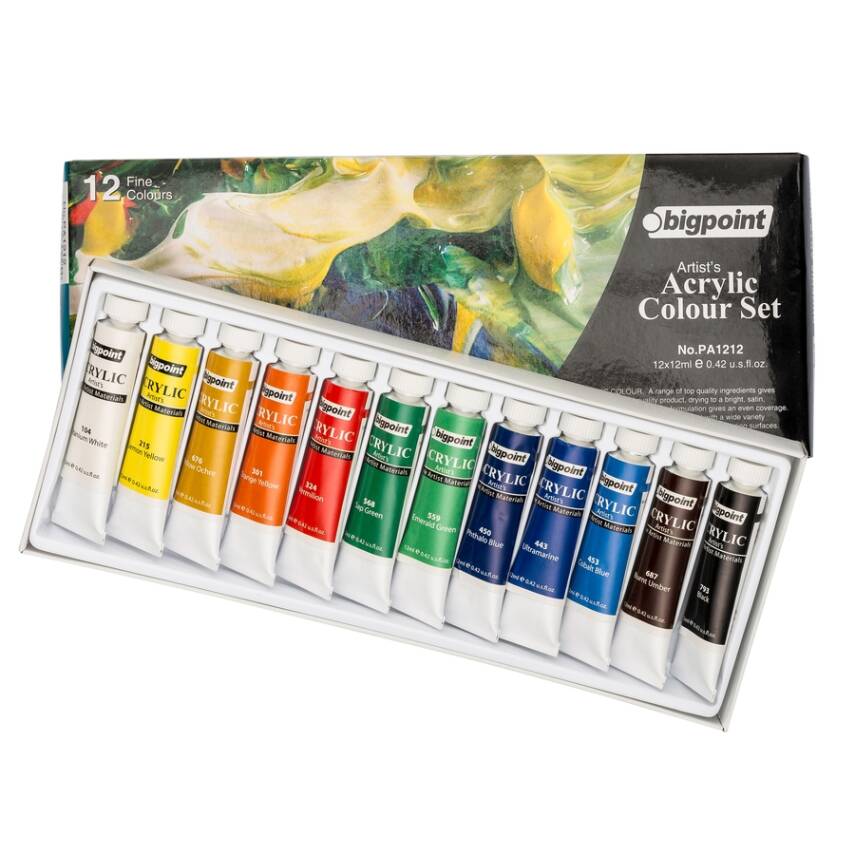 Bigpoint Artist's Tüp Akrilik Boya Seti, 12 Farklı Renk,12 ml,Akışkan - 1