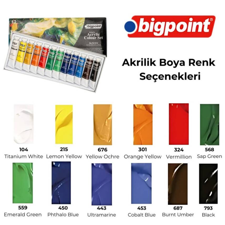 Bigpoint Artist's Tüp Akrilik Boya Seti, 12 Renk, 12 ml, Akışkan - 2