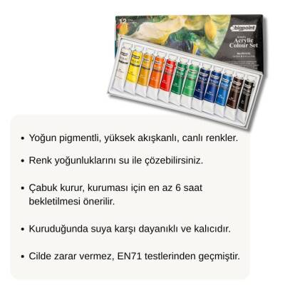 Bigpoint Artist's Tüp Akrilik Boya Seti, 12 Renk, 12 ml, Akışkan - 3