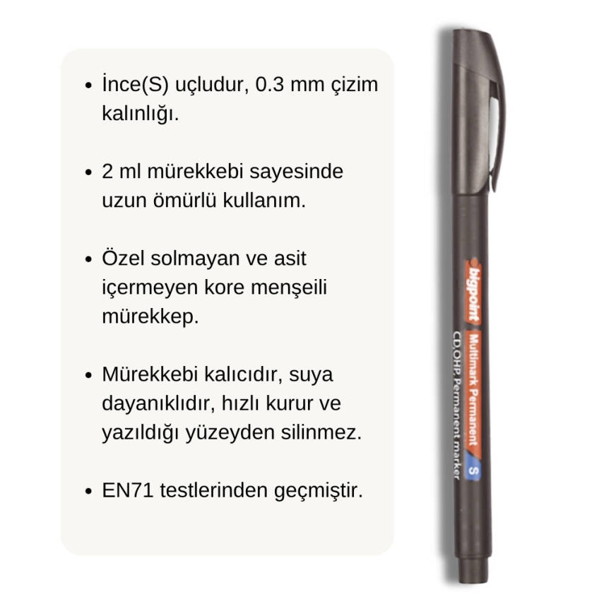 Bigpoint Asetat Kalemi, Siyah, 0.3 mm, İnce Uçlu, Suya Dayanıklı - 3