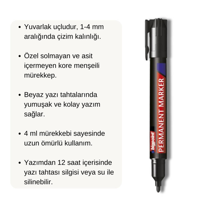 Bigpoint Asetat Kalemi, Siyah, Yuvarlak Uç, Suya Dayanıklı - 2