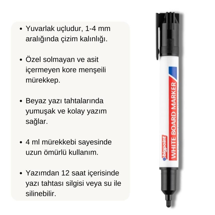Bigpoint Board Marker, Su Bazlı, İz Bırakmaz, Tahta Kalemi, Siyah - 3