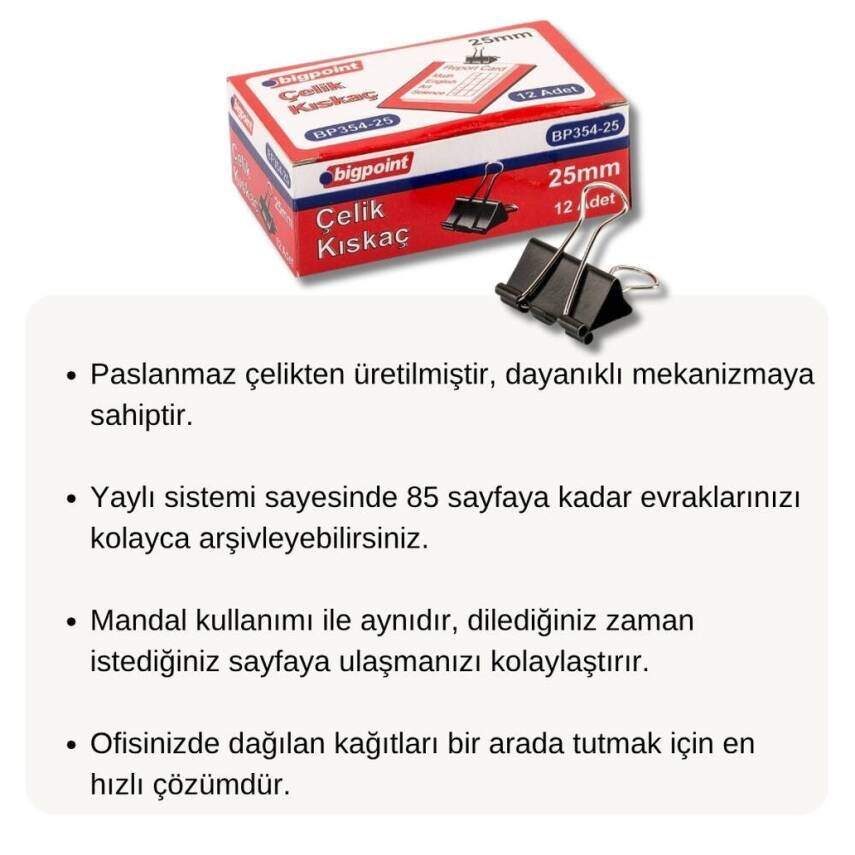 Bigpoint Çelik Kıskaç, 25 mm, 85 Sayfa Kapasite, Paslanmaz, Dayanıklı - 2