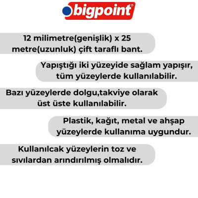 Bigpoint Çift Taraflı Hotmelt Bant, 12 mm x 25 m, Tüm Yüzeyler İçin - 3