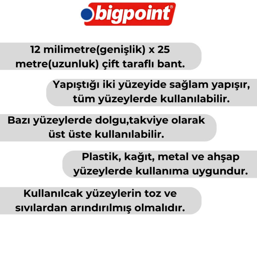 Bigpoint Çift Taraflı Hotmelt Bant, 12 mm x 25 m, Tüm Yüzeyler İçin - 3