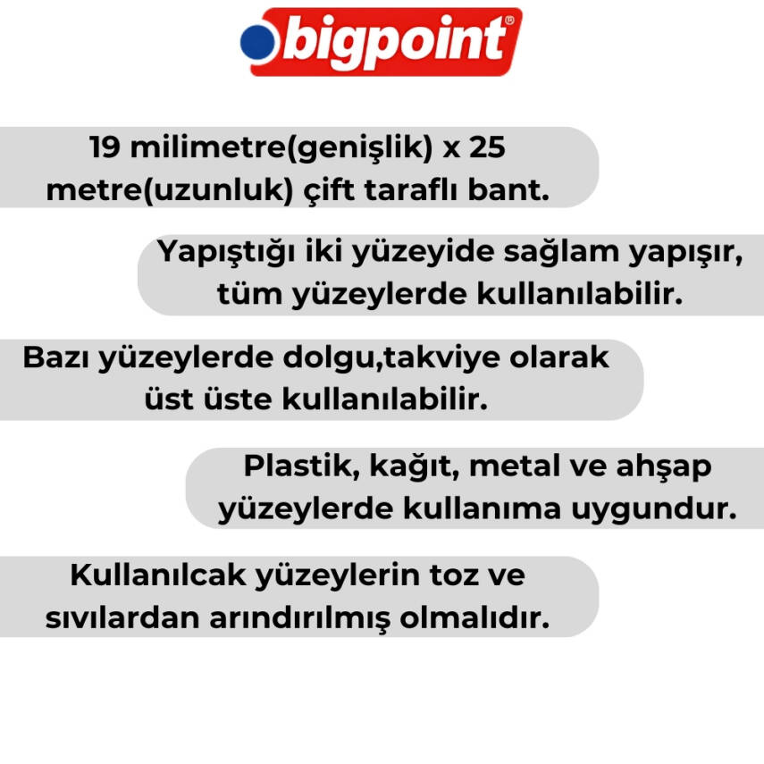 Bigpoint Çift Taraflı Hotmelt Bant, 19 mm x 25 m, Tüm Yüzeyler İçin - 3